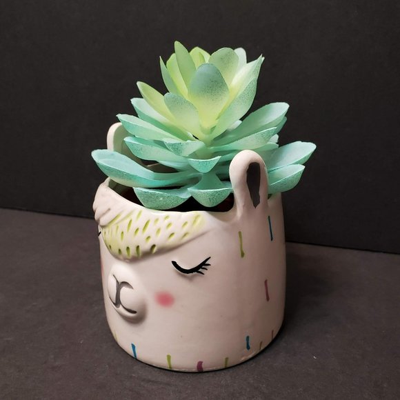 Llama Face Succulent Planter with Faux Succulent, Ceramic Animal Plant Pot - Picture 2 of 7